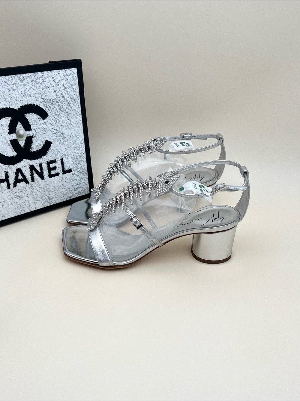 Giuseppe Zanotti Silver Crystal-Embellished Clear Slingback Heels